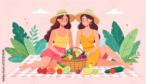 Picnic Pals Two Friends Sharing a Feast of Summer Fruits and Good Times in Nature