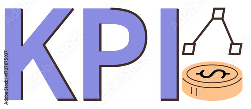 KPI text with connected graph icon and dollar coin for monitoring analytics, growth, objectives, and productivity. Ideal for performance, measurement, strategy, finance, success simple flat metaphor