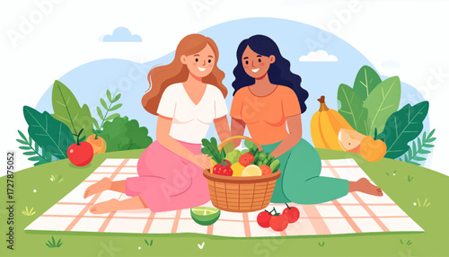 Two happy women enjoying a picnic outdoors on a sunny day, sharing food and laughter