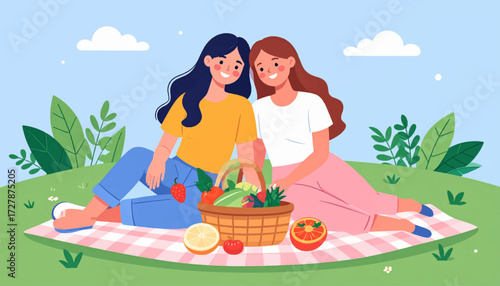 Happy lesbian couple enjoying a romantic summer picnic outdoors in the park with a basket of fresh fruit