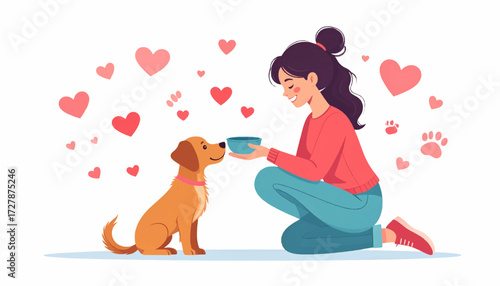 A Woman Kneels and Offers a Bowl of Food to a Cute Puppy Surrounded by Hearts and Paw Prints
