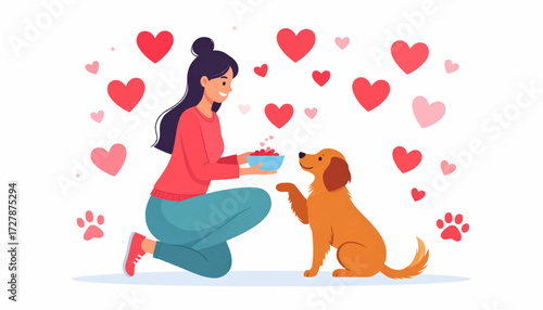 A heartwarming illustration of a young woman feeding her grateful dog, who offers a paw in a gesture of friendship and love