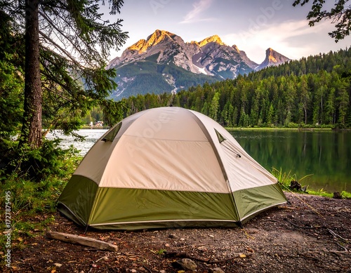 Lakeside camping tent at golden hour