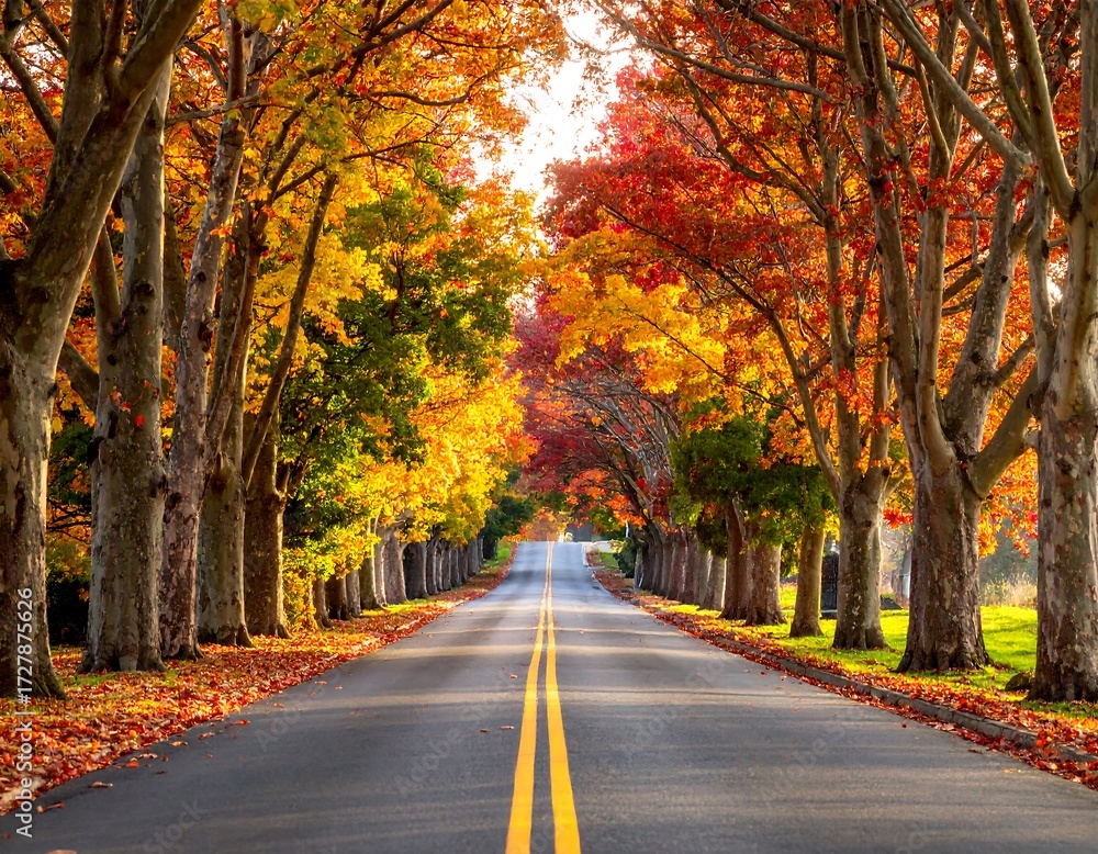 Naklejka premium Autumnal road lined with vibrant trees