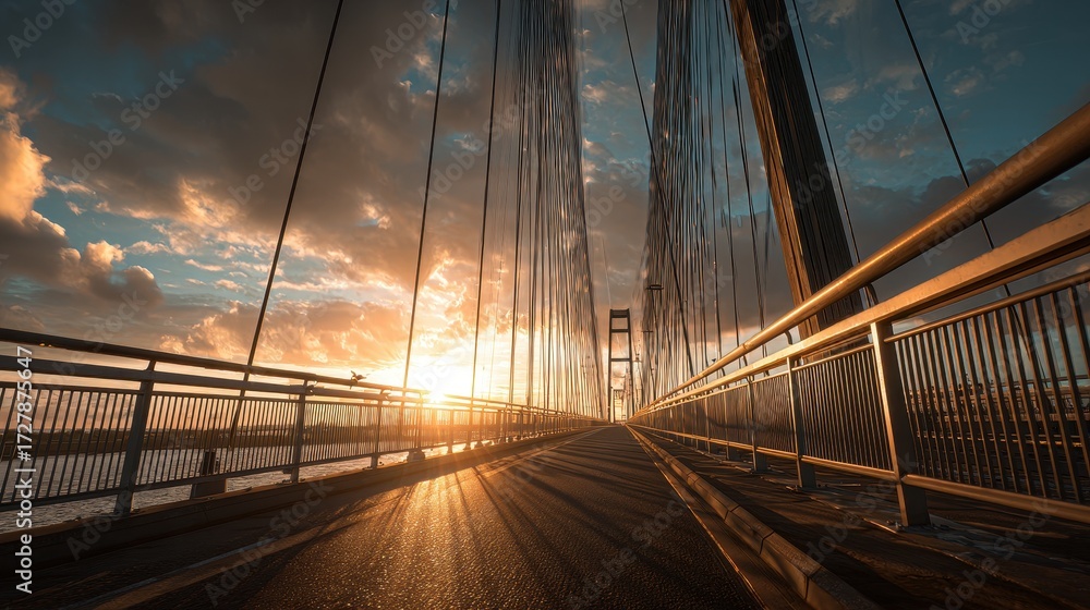 Obraz premium Majestic Suspension Bridge Illuminated by Dramatic Golden Sunset, Leading Towards Distant Towers.