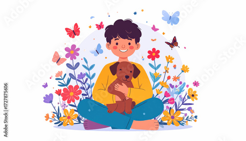 Boy Embracing a Puppy in a Garden Surrounded by Butterflies and Flowers in Springtime