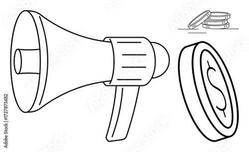 Megaphone paired with a dollar coin highlights promotional outreach, financial results. Ideal for advertising, marketing, investments, financial impact, communication, budget planning, sales growth