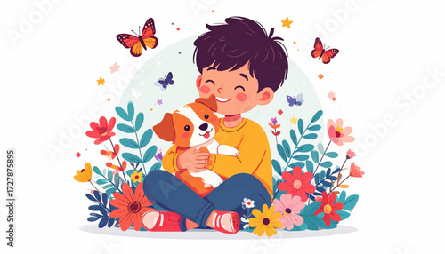 Joyful Child Embracing a Puppy Amidst a Flourishing Garden with Butterflies and Flowers