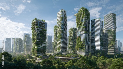 Solarpunk Utopia - Sunlit Skyscrapers Adorned with Lush Greenery and Vertical Forests.