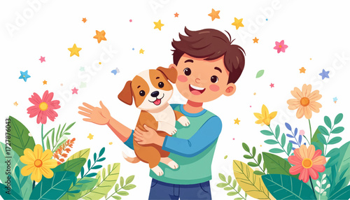 Boy Hugging His Dog Surrounded by Flowers and Stars A Heartwarming Childhood Moment