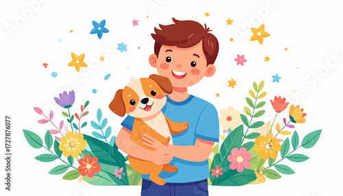 A cheerful boy embraces his adorable puppy amidst a whimsical garden of colorful flowers and sparkling stars, symbolizing the joy and companionship of pet ownership