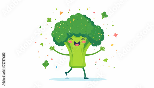 Happy Cartoon Broccoli Character Dancing and Celebrating with Confetti