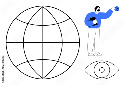 Man holding a tablet reaching toward connectivity symbol near globe and eye graphics. Ideal for technology, digital connection, innovation, global business, research, vision, futurism. Simple flat