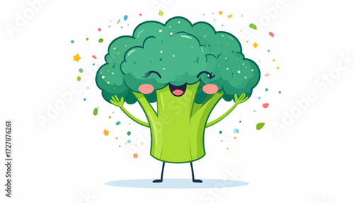 A cheerful and vibrant cartoon broccoli character celebrates with colorful confetti, embodying health and joy in a playful illustration that promotes wholesome living
