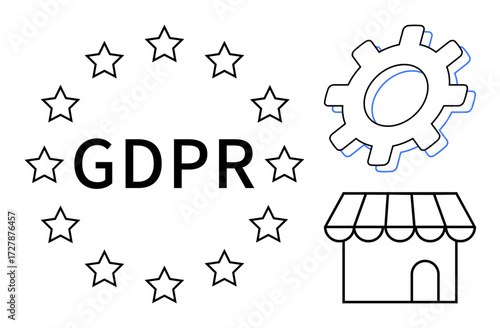 Stars encircle GDPR text, with a gear and storefront icon representing EU data regulation, business operations, and compliance. Ideal for privacy policy, technology, law, business, data security