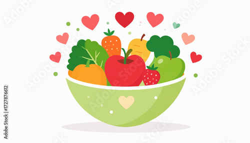 Bowl of Fresh Produce with Hearts, Colorful Healthy Food Illustration