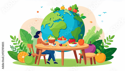 Nourishing Planet A Woman Enjoys a Healthy Meal Surrounded by Fresh Produce and Lush Greenery with Earth in the Background