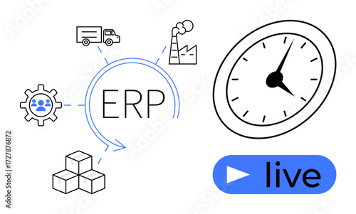 ERP process with logistics truck, factory, gear icon, boxes, real-time clock, live streaming badge. Ideal for supply chain, manufacturing, operations planning technology automation simple flat