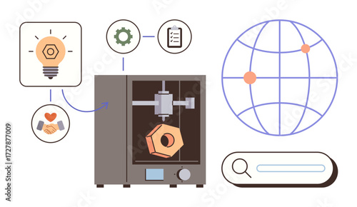 3D printer crafting a geometric object, surrounded by icons for idea generation, teamwork, process, and global reach. Ideal for technology, creativity, manufacturing, education innovation