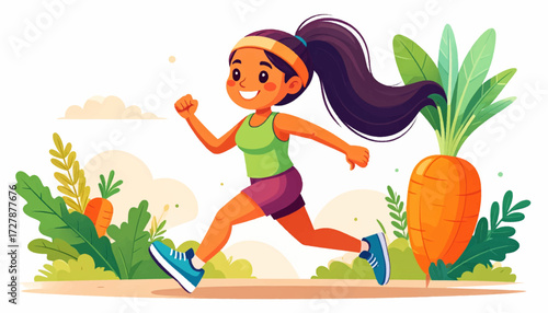 Running Girl with Carrot A Healthy Lifestyle Illustration