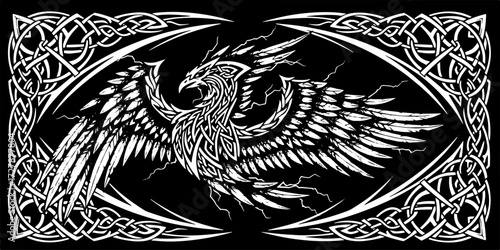 Majestic phoenix with intricate Celtic knotwork border, symbol of rebirth and power silhouette and cutout removed background