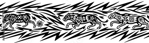 Dynamic tribal tiger and leopard border design with floral patterns and lightning strikes silhouette and cutout removed background