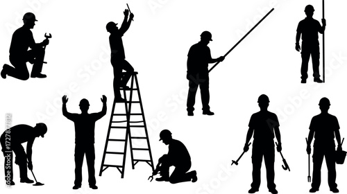 Construction workers silhouettes with tools, hard hats, labor poses, industrial tasks, teamwork, safety gear, job site activity, vector illustration set