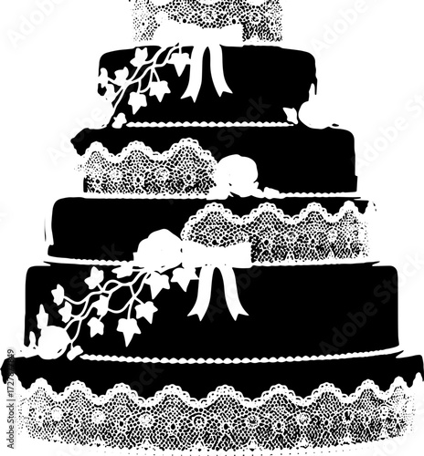 Elegant black tiered wedding cake adorned with delicate white lace and roses for a sophisticated celebration. silhouette and cutout removed background