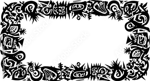 Bold abstract black and white tribal border design with intricate patterns and sharp edges silhouette and cutout removed background