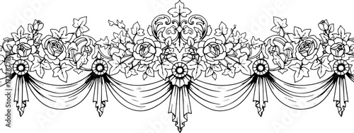Elegant vintage floral border design with cascading drapery and roses silhouette and cutout removed background