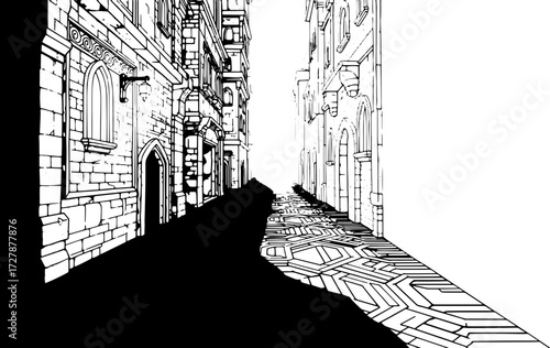 Vibrant medieval street scene with ornate patterned pavement and majestic architecture bathed in light silhouette and cutout removed background