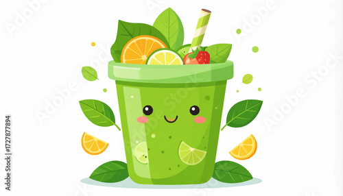 Cute Green Smoothie Illustration with Smiling Face and Fresh Fruits