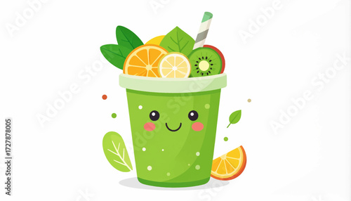 Adorable kawaii green smoothie character illustration with fresh orange and kiwi fruit. A cute, healthy drink for a vibrant lifestyle