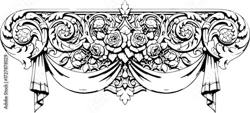 Elegant floral drapery design with exquisite scrollwork and rose motifs, perfect for luxurious interiors. silhouette and cutout removed background