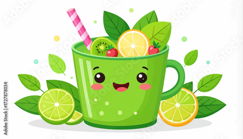 Cute green mug with a happy face, brimming with a refreshing fruit drink. Zesty lime, sweet orange, kiwi, and strawberries combine for a vibrant, delightful beverage