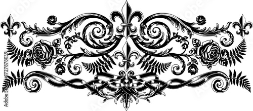 Elegant vintage floral scrollwork with roses and fleur de lis for decorative design projects silhouette and cutout removed background