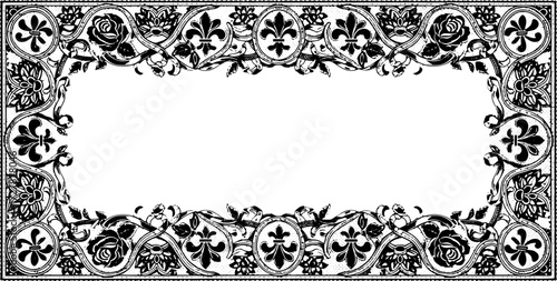 Elegant black lace floral border design with vintage roses and fleur de lis motifs silhouette and cutout removed background