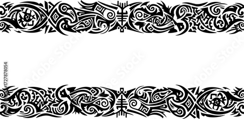 Intricate black tribal border design elements with ancient symbolic patterns and flowing organic shapes silhouette and cutout removed background