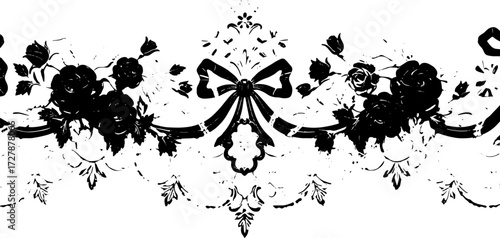 Elegant black rose and lace border design with ornate bow and baroque details silhouette and cutout removed background