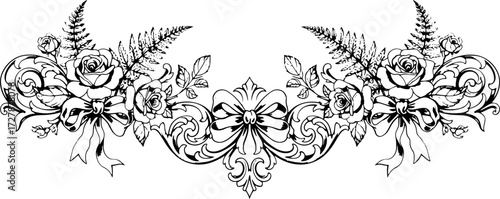 Elegant ornamental flourish with roses, ferns, and bows, perfect for vintage designs and luxury branding silhouette and cutout removed background