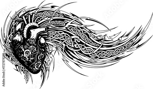 Intricate mechanical heart with flowing Celtic knotwork and tribal accents, symbolizing passion and complexity silhouette and cutout removed background