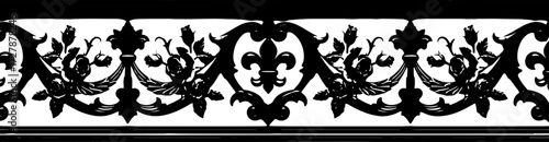 Exquisite black ornate scrollwork with deep red roses and lush green leaves creates a luxurious border design silhouette and cutout removed background