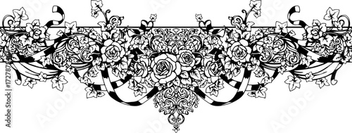 Elegant black and white floral ribbon border design for luxurious invitations and decorative projects silhouette and cutout removed background