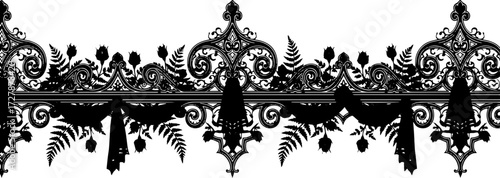 Elegant black gothic ornate border with roses and draped fabric for dramatic design projects silhouette and cutout removed background