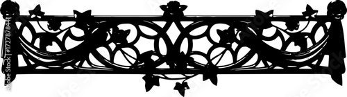 Elegant black ornate decorative railing with roses and ivy for vintage luxury interiors silhouette and cutout removed background