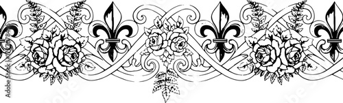 Elegant floral border design with fleur de lis and roses, perfect for vintage invitations and luxury branding silhouette and cutout removed background