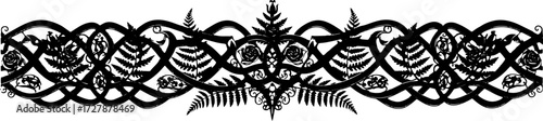 Elegant black Celtic knot border design with roses and ferns, perfect for invitations and decorative projects. silhouette and cutout removed background