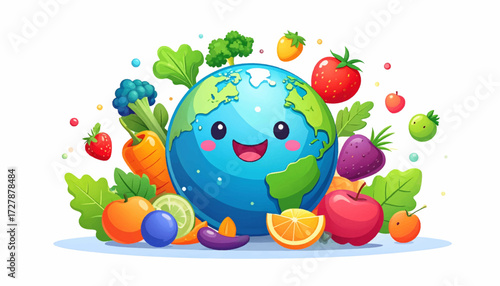 A joyful cartoon Earth surrounded by a vibrant assortment of fresh fruits and vegetables, symbolizing a healthy global diet and World Food Day