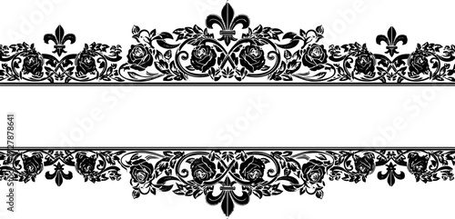Elegant black floral border design with roses and fleur de lis for invitations, banners, and decorative projects. silhouette and cutout removed background