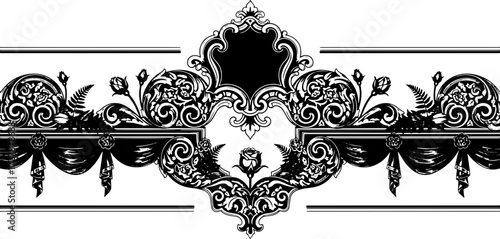 Elegant vintage ornamental border with roses and ferns, classic decorative design element silhouette and cutout removed background